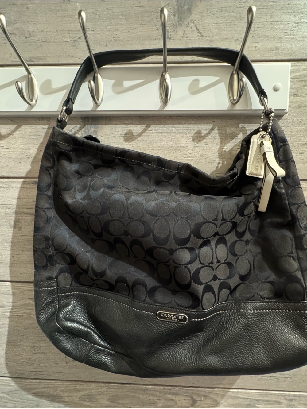 Coach Black Signature Jacquard and Leather Hobo